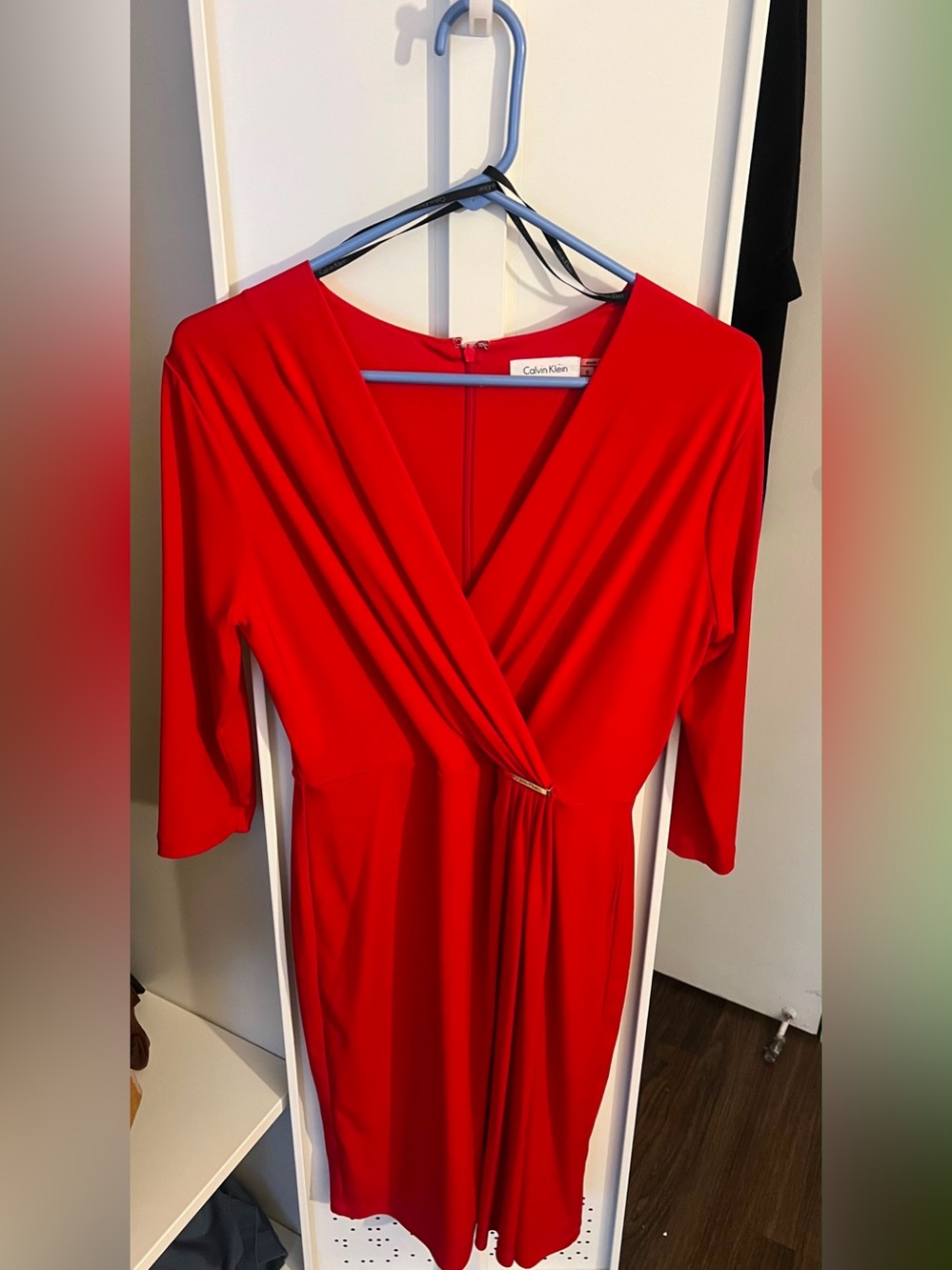 Calvin Klein Bold Red Wrap-Style Long Sleeve Dress